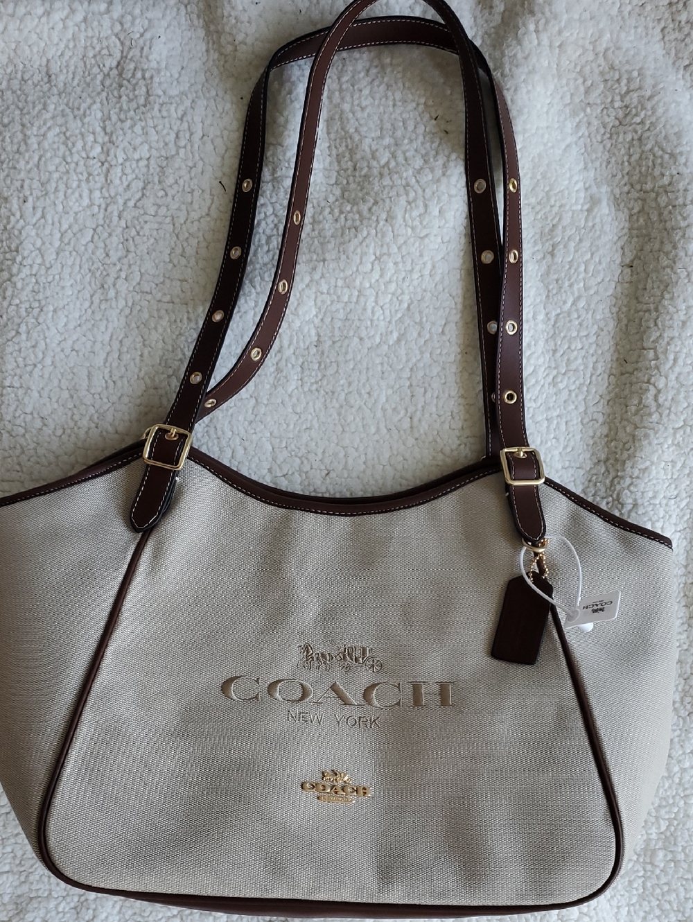 Coach Beige Canvas Tote with Brown Trim and Gold Hardware - Picture 3 of 12